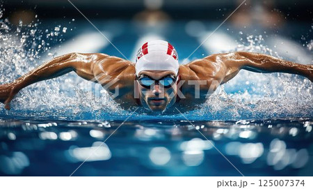 水泳競技で力強く泳ぐアスリート 125007374