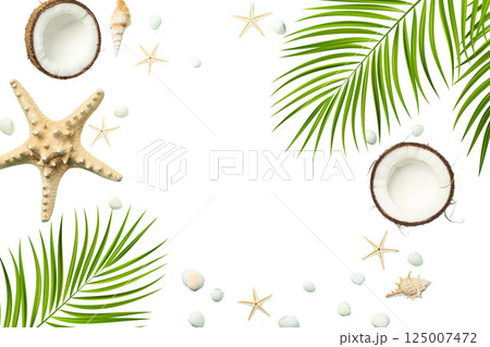 Tropical items frame a bright, warm summer travel theme, isolated on white 125007472