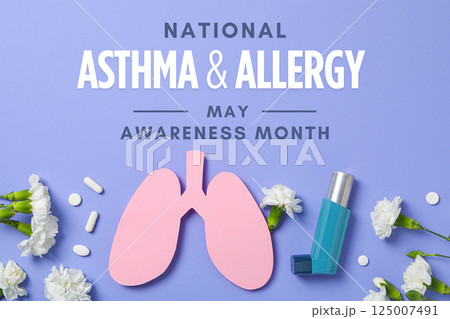 Asthma and Allergy awareness month, Lavender background showcases an asthma and allergy awareness campaign with key items 125007491