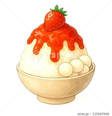 いちごシロップと白玉をのせたかき氷のイラスト・水彩風 125007699