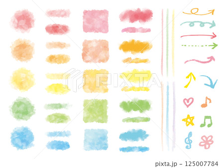 5色各6種類の水彩風デザインパーツと矢印と記号セット 125007784