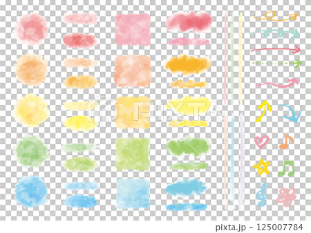 5色各6種類の水彩風デザインパーツと矢印と記号セット 125007784