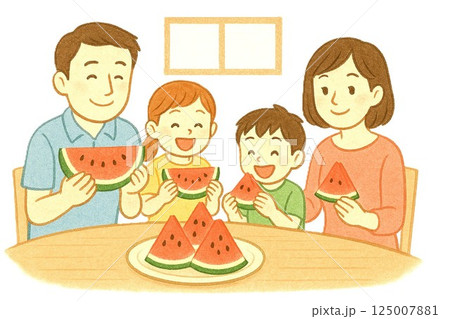 家族みんなでスイカを食べて夏を楽しむ団らんイラスト 家族みんなでスイカを食べて夏を楽しむ団らんイラスト 125007881