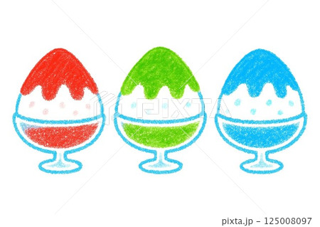 クレヨンタッチで描かれたいちご・メロン・ブルーハワイのかき氷イラストセット 125008097