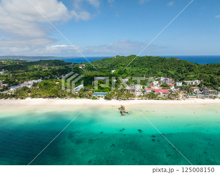 Drone view of beach with white sands and crystal clear waters. Boracay Island. Philippines. Drone view of beach with white sands and crystal clear waters. Boracay Island. Philippines. 125008150