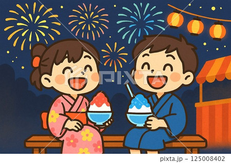 浴衣姿の男女が花火大会でかき氷を楽しむ夏祭りイラスト 125008402