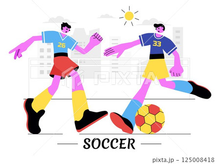 Soccer Vector Illustration Featuring a Man Kicking a Soccer Ball on a Green Field for a Football League and Sports Match in a Flat Cartoon Background Soccer Vector Illustration Featuring a Man Kicking a Soccer Ball on a Green Field for a Football League and Sports Match in a Flat Cartoon Background 125008418