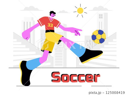 Soccer Vector Illustration Featuring a Man Kicking a Soccer Ball on a Green Field for a Football League and Sports Match in a Flat Cartoon Background Soccer Vector Illustration Featuring a Man Kicking a Soccer Ball on a Green Field for a Football League and Sports Match in a Flat Cartoon Background 125008419