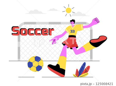 Soccer Vector Illustration Featuring a Man Kicking a Soccer Ball on a Green Field for a Football League and Sports Match in a Flat Cartoon Background 125008421