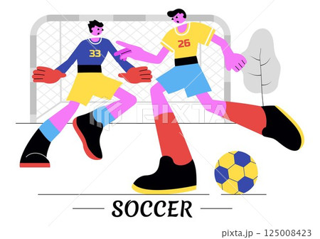 Soccer Vector Illustration Featuring a Man Kicking a Soccer Ball on a Green Field for a Football League and Sports Match in a Flat Cartoon Background Soccer Vector Illustration Featuring a Man Kicking a Soccer Ball on a Green Field for a Football League and Sports Match in a Flat Cartoon Background 125008423