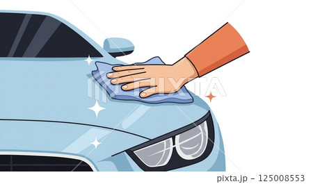 車のボンネットにワックスをかけて輝いているイラスト 125008553