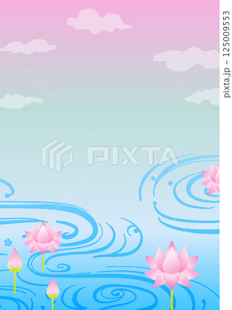 ハスの水面と夕焼け空の風景 ハスの水面と夕焼け空の風景 125009553