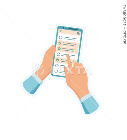 A hand holds a smartphone, tapping an application. A user interacts with a digital device, gesturing with finger. Technology sticker displays cool communication scene modern media. A hand holds a smartphone, tapping an application. A user interacts with a digital device, gesturing with finger. Technology sticker displays cool communication scene modern media. 125009941