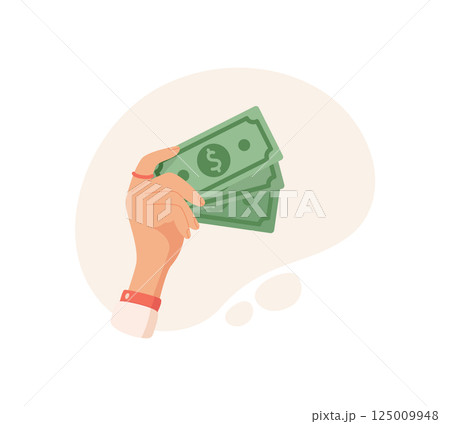 Hand holds cash and money. Human gesture of bill transfer and payment. Finance concept, digital style, suitable for financial themes business illustrations. 125009948