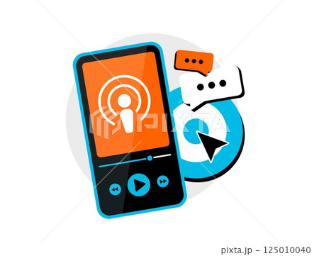 Podcast marketing uses audio content and storytelling to build trust, increase engagement and promote brands through digital channels. Podcast marketing and audio advertising vector illustration 125010040