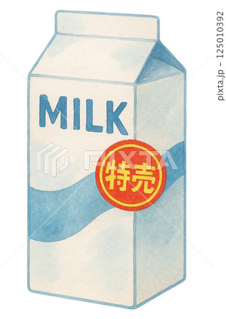特売シール付き牛乳パックの水彩風イラスト 125010392