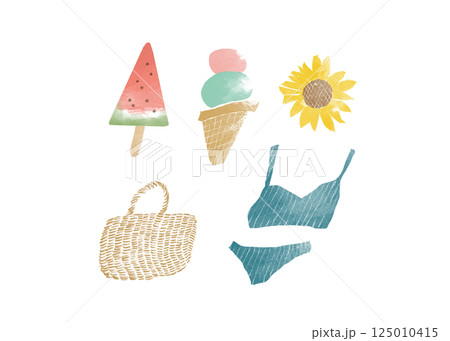 夏のシンプルな手描き風の水彩イラストセット 夏のシンプルな手描き風の水彩イラストセット 125010415