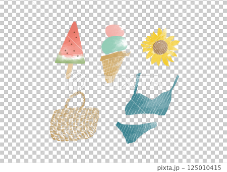 夏のシンプルな手描き風の水彩イラストセット 夏のシンプルな手描き風の水彩イラストセット 125010415