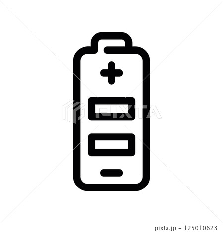 Vertical battery icon showing charge level indicator with positive and negative terminals Vertical battery icon showing charge level indicator with positive and negative terminals 125010623