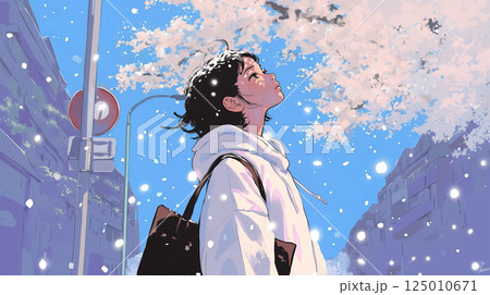 夜桜を見上げる女性 125010671