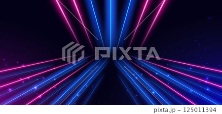 Abstract technology futuristic neon glowing blue and pink light lines with lighting effect on dark blue background. Abstract technology futuristic neon glowing blue and pink light lines with lighting effect on dark blue background. 125011394