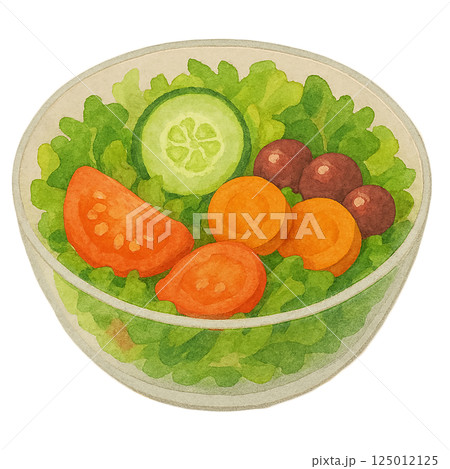 ガラスボウルのミックスサラダの水彩風イラスト（野菜・健康） 125012125