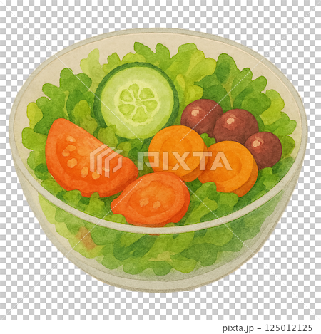ガラスボウルのミックスサラダの水彩風イラスト（野菜・健康） 125012125