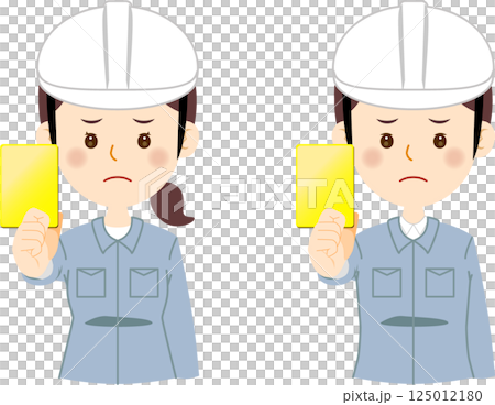 穿著工作服的男女發出黃牌 穿著工作服的男女發出黃牌 125012180