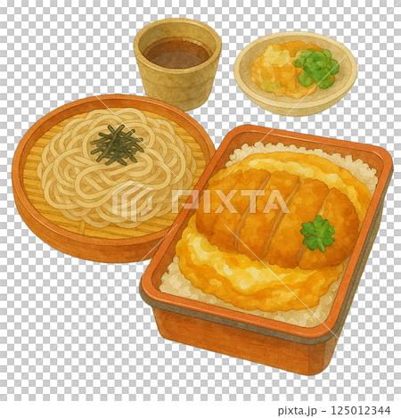 Watercolor illustration of a set meal of Zaru Udon and Katsudon (with small bowl and soba sauce) 125012344