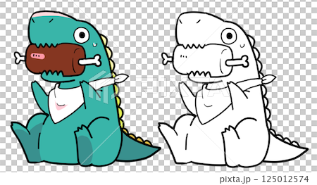 大きな肉を食べようとして驚いているグルメな恐竜 125012574