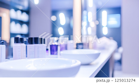 Modern bathroom interior with sinks and skincare products in soft lighting Modern bathroom interior with sinks and skincare products in soft lighting 125013274