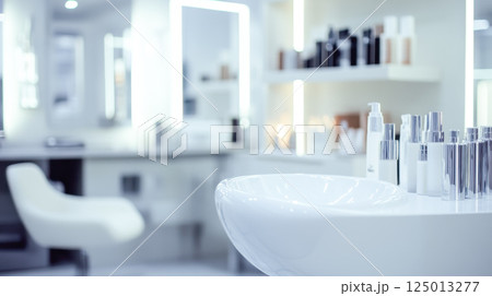 Modern spa interior with cosmetics and white sink in minimalist setting 125013277