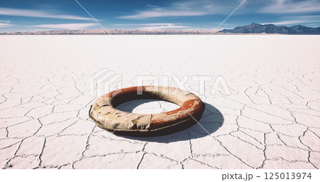 Lifebuoy on dry salt flat with mountains in the background during daytime Lifebuoy on dry salt flat with mountains in the background during daytime 125013974