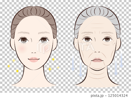 Comparison of an aged face and a youthful face | Illustrations of skin changes with age 125014324