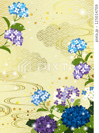 あじさい、梅雨、背景、和風、イラスト、かわいい、青海波、雲、縦、金色 125014709