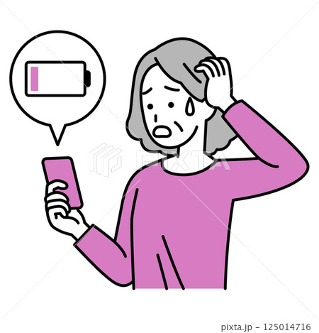 スマートフォンの充電が無くて困っている年配の女性 125014716