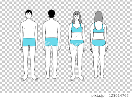 穿著內衣的男女的全身插圖,正面和背面 穿著內衣的男女的全身插圖,正面和背面 125014765
