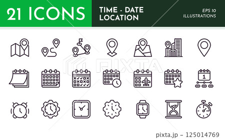 Calendar icons. Clock and map location pin. Schedule time. Event date and place. Appointment organizer. Address duration. Web alarm or contact. Hourglass stopwatch. Vector pictograms set 125014769