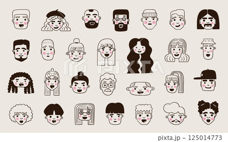 Doodle people face. Cute woman person in glasses, hand drawn girl avatar or line boy, female user. Scribble contemporary human portrait. Vector characters isolated illustration 125014773