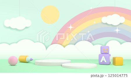 Cute background. 3D baby podium. Product platform or display in pastel scene. Children presentation render. Childish exhibition stage. Rainbow and sky clouds. Vector design nursery pedestal 125014775