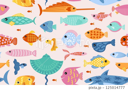 Fish pattern. Cute childish funny background, summer marine texture or scandinavian sea animal kids print. Decor textile, wrapping paper. Underwater characters. Vector seamless wallpaper 125014777