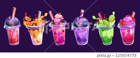 Fruit drink. Cute mango and strawberry juice cocktail for cafe, ice glass cup with fresh summer lemon and blueberry. Sketch for banner with lemonade or milkshake, menu vector background Fruit drink. Cute mango and strawberry juice cocktail for cafe, ice glass cup with fresh summer lemon and blueberry. Sketch for banner with lemonade or milkshake, menu vector background 125014778