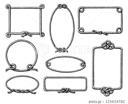 Rope frames. Oval lasso border. Marine boat outline sketch. Tangled knots. Rectangular cordage framework. Intertwined cord loop. Linear cable shapes set. Vector nautical style clipart Rope frames. Oval lasso border. Marine boat outline sketch. Tangled knots. Rectangular cordage framework. Intertwined cord loop. Linear cable shapes set. Vector nautical style clipart 125014782