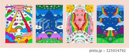 Psychedelic rainbows. Retro art poster. Vintage sixties landscape or 1970s mosaic forest. Sun and sky clouds. Crazy eyes.1960s nature. Hippie hallucinogen. Vector surreal banners set 125014792