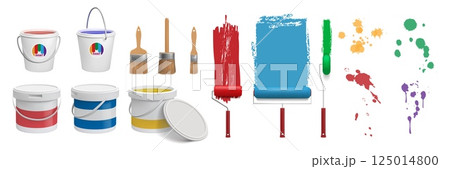 Paint bucket. Color brush. Decorator tools. Can and paintbrush roller for tint. Brushstroke splotch. Painting container. Drop splash. Interior repair and remodel. Vector 3D objects set Paint bucket. Color brush. Decorator tools. Can and paintbrush roller for tint. Brushstroke splotch. Painting container. Drop splash. Interior repair and remodel. Vector 3D objects set 125014800