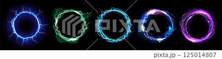 Energy light. Thunder light power. Black and blue storm bolt. Fantasy thunderbolt portal. 3D flare circle. Glowing rings. Electric explosion. Vector luminous lightning round frames set Energy light. Thunder light power. Black and blue storm bolt. Fantasy thunderbolt portal. 3D flare circle. Glowing rings. Electric explosion. Vector luminous lightning round frames set 125014807