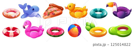 Swimming pool toys. Beach ring. Inflated buoys. Swim party. Inflatable summer flamingo. Rubber water duck or pink unicorn animal. Donut and avocado shapes. Vector cartoon lifebuoys set 125014822