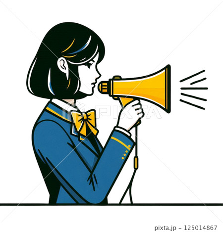 メガホンで応援する女子学生のイラスト メガホンで応援する女子学生のイラスト 125014867