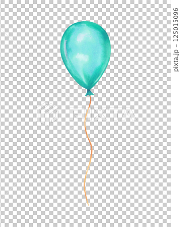 Blue inflatable flying balloon on a rope. Watercolor and marker illustration. Hand drawn isolated art. Birthday balloon clip art for party invitation, festive decoration 125015096