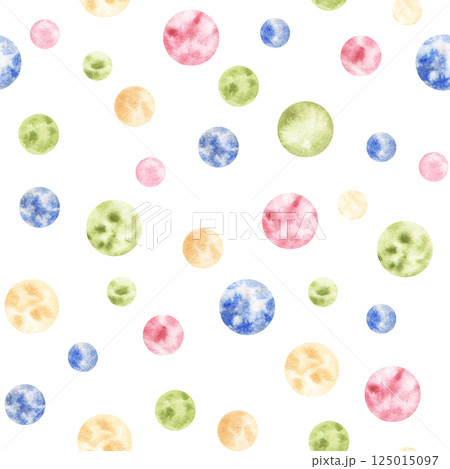 Seamless pattern with green, blue, yellow, pink balls, bubbles, stains of various sizes. Hand drawn watercolor illustration. For wrapping wallpaper fabric textile Seamless pattern with green, blue, yellow, pink balls, bubbles, stains of various sizes. Hand drawn watercolor illustration. For wrapping wallpaper fabric textile 125015097
